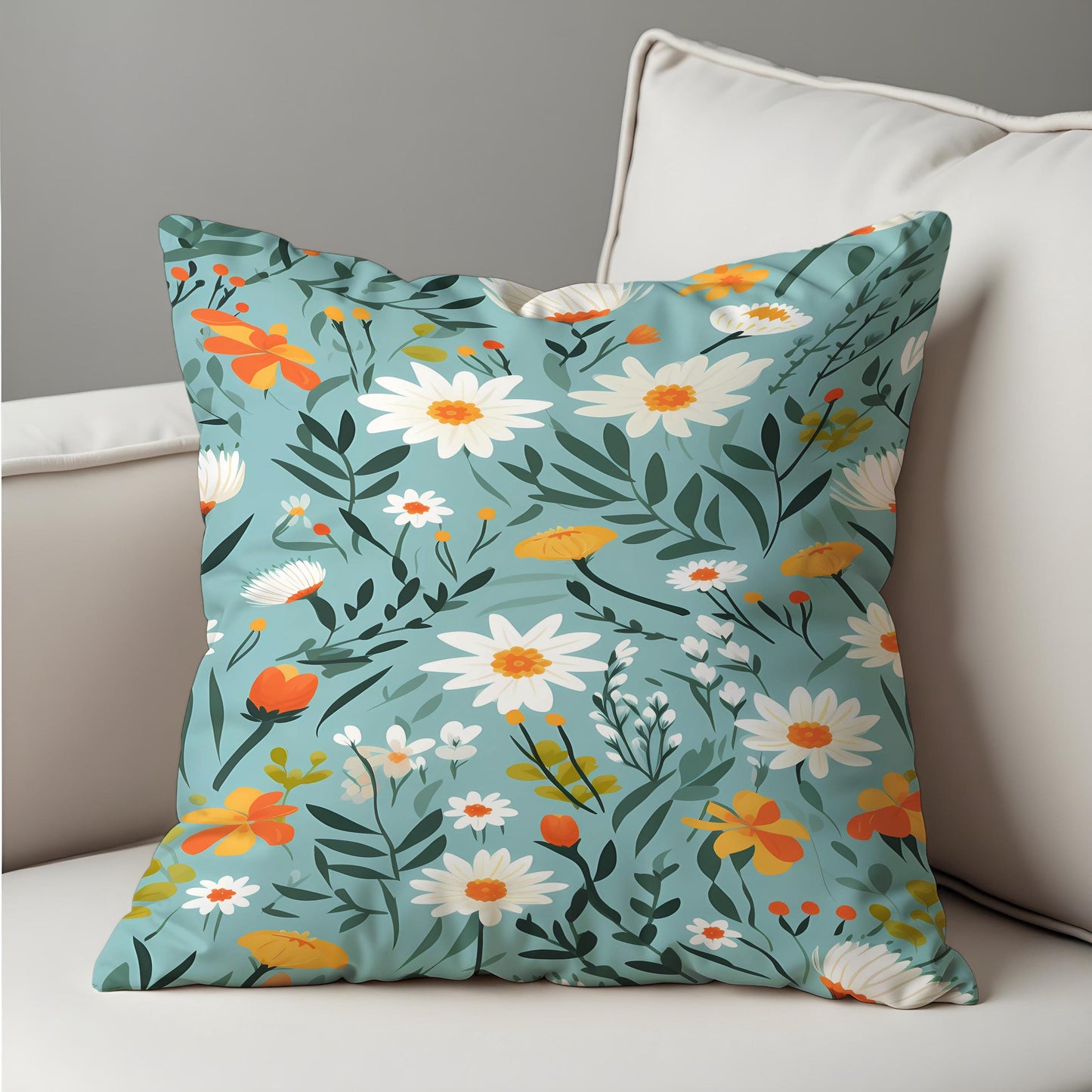 Daisy Floral Cushion Cover, Teal Wildflower Throw Pillow Cover