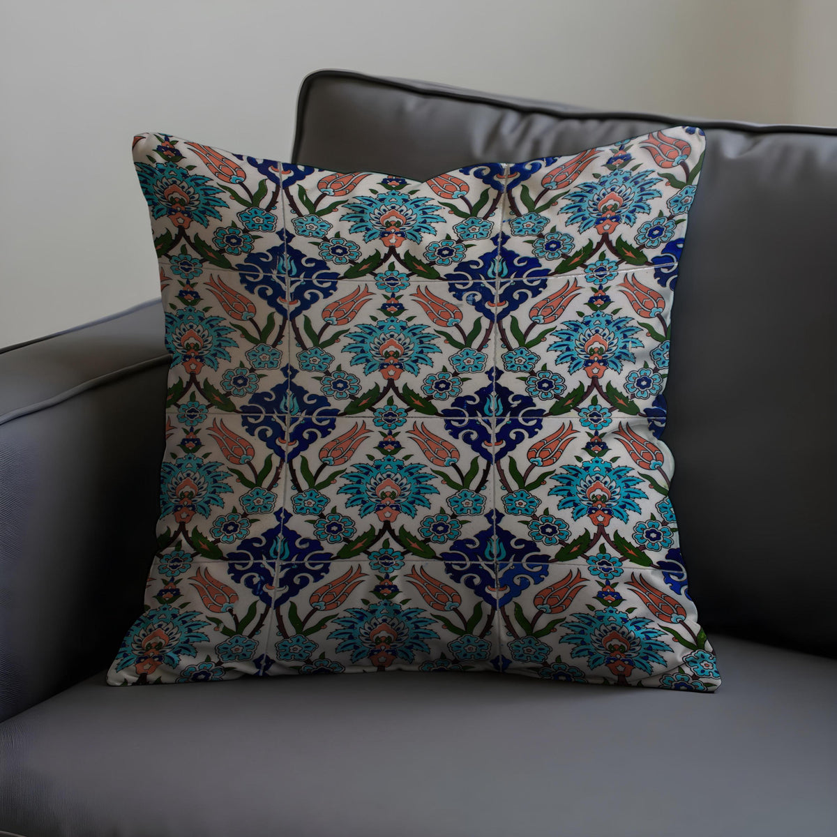 Turkish Tile Cushion Cover, Blue Floral Pattern Throw Pillow Case