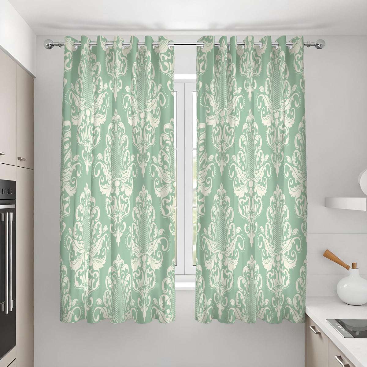 Green Damask Curtains, Traditional Ornate Custom Drapes