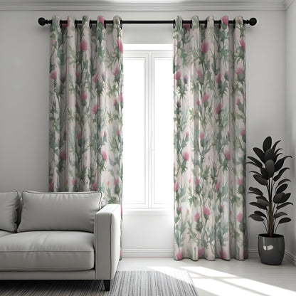 Green Botanical Curtains, Pink Flower Print Window Drapes