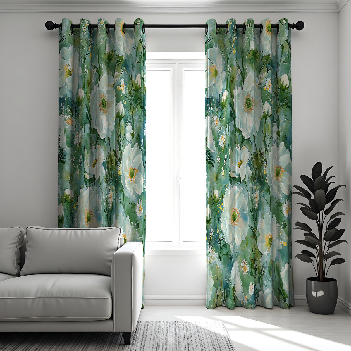 Teal Floral Curtains, Watercolor White Flower Drapes