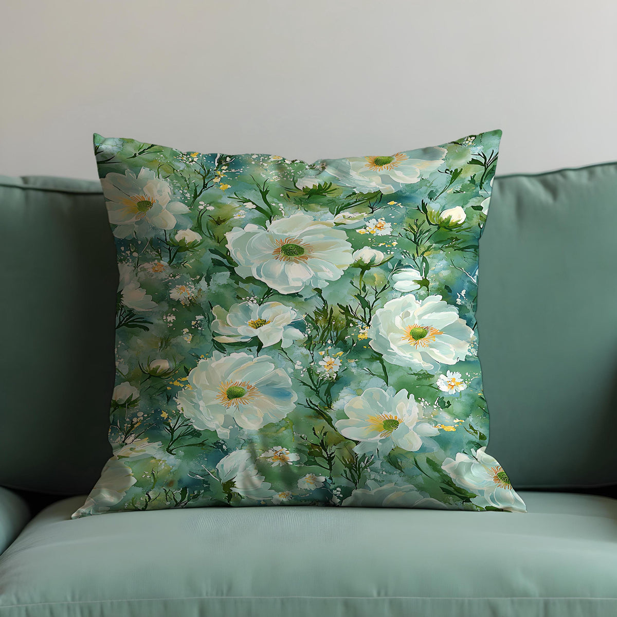 Green Floral Cushion Cover, White Flower Pillow Case