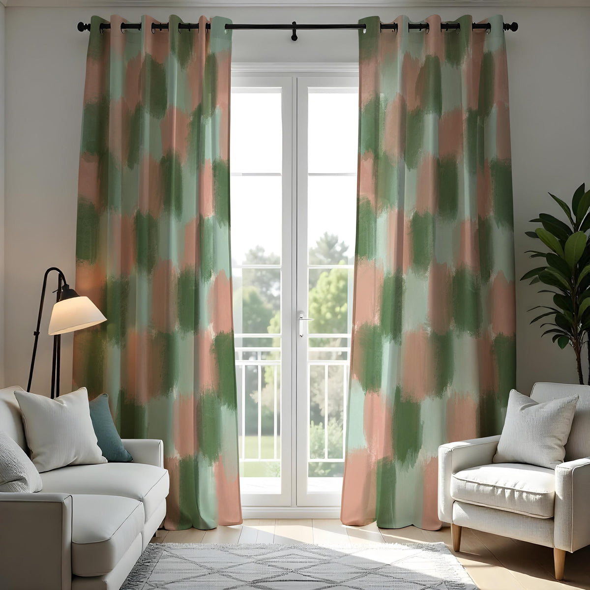 Green and Peach Brushstroke Curtains, Abstract Art Drapes