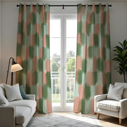 Green and Peach Brushstroke Curtains, Abstract Art Drapes