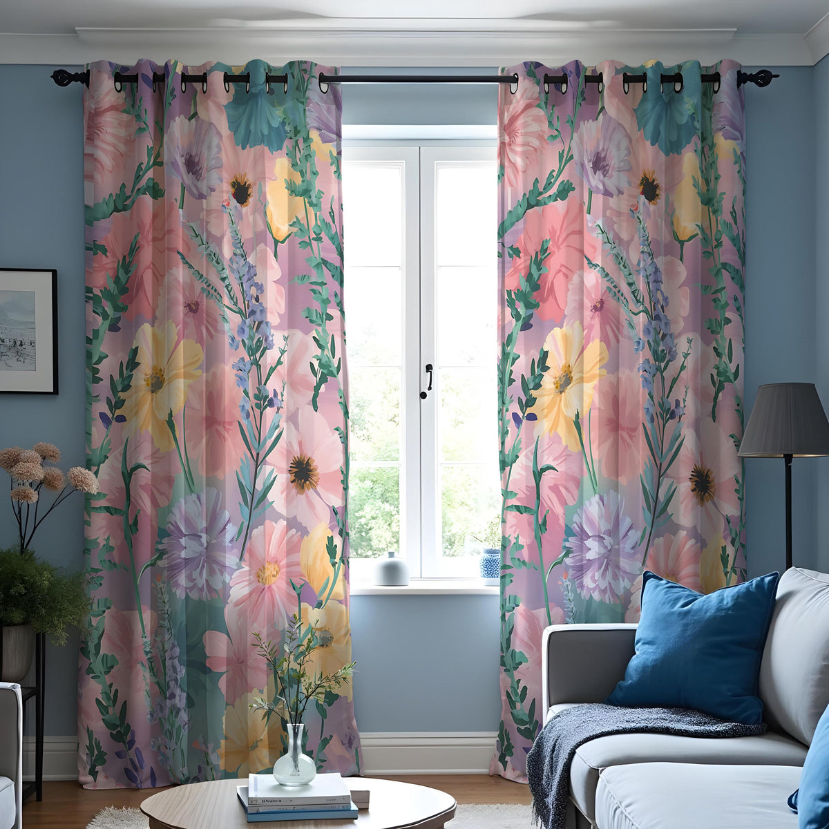 Pastel Pink & Yellow Wildflower Curtains, Watercolor Drapes