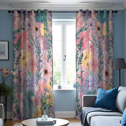 Pastel Pink & Yellow Wildflower Curtains, Watercolor Drapes