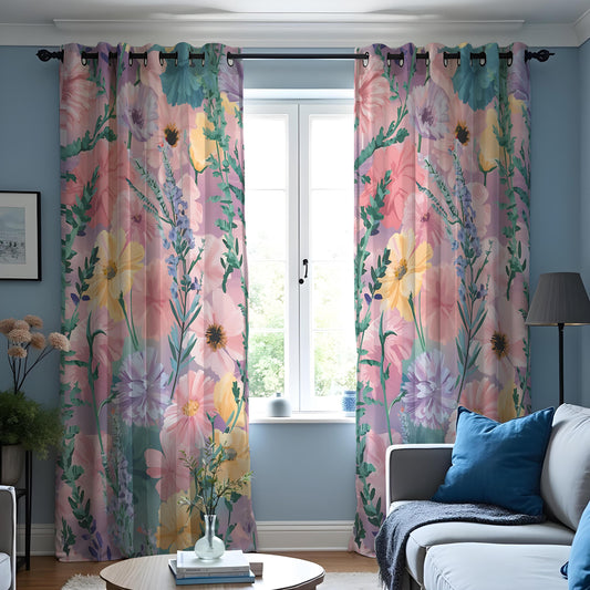 Pastel Pink & Yellow Wildflower Curtains, Watercolor Drapes