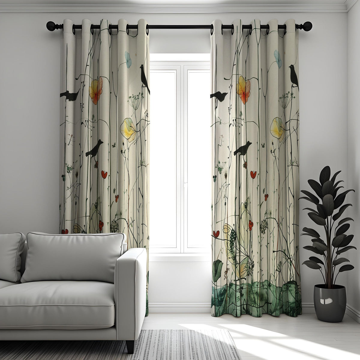 Bird and Flower Curtains, Botanical Art Print Window Drapes