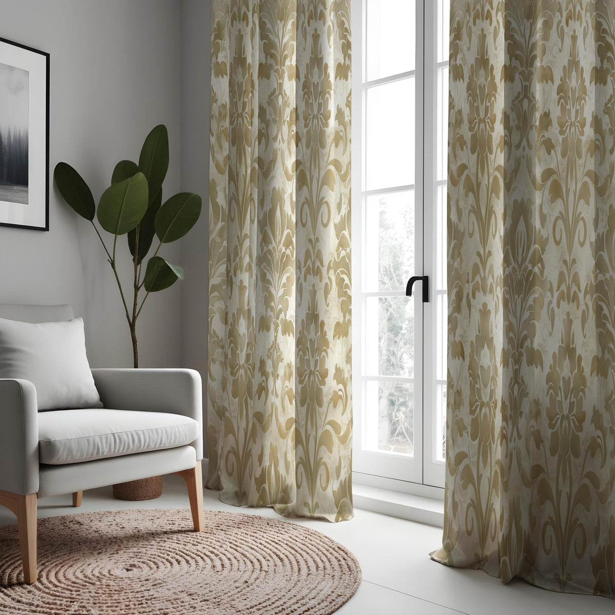 Beige & Yellow Damask Curtains, Traditional Pattern Drapes