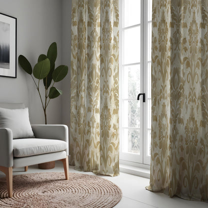 Beige & Yellow Damask Curtains, Traditional Pattern Drapes