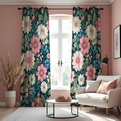 Pink Flower Curtains, Oversized Botanical Floral Drapes