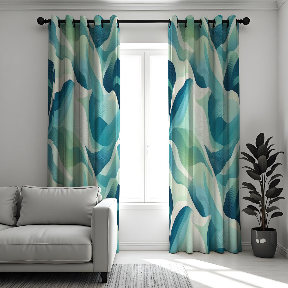 Teal Aqua Art Deco Wave Curtains, Ocean Geometric Drapes