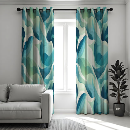 Teal Aqua Art Deco Wave Curtains, Ocean Geometric Drapes