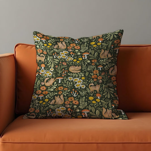 Whimsical Forest Cat Cushion Cover, Woodland Animals Pillow Case