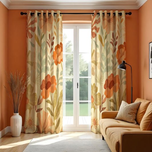 Orange Floral Curtains, Classic Large Flower Earthy Drapes