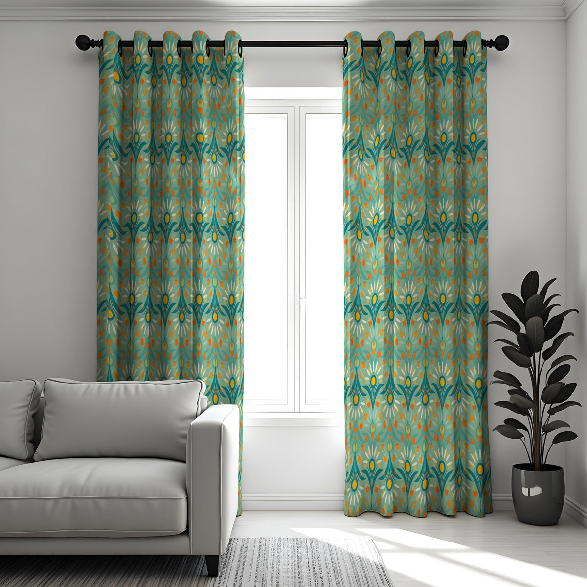 Teal & Orange Retro Leaf Curtains, Mid Century Drapes