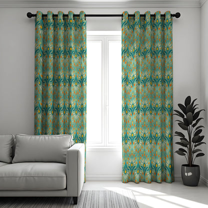 Teal & Orange Retro Leaf Curtains, Mid Century Drapes