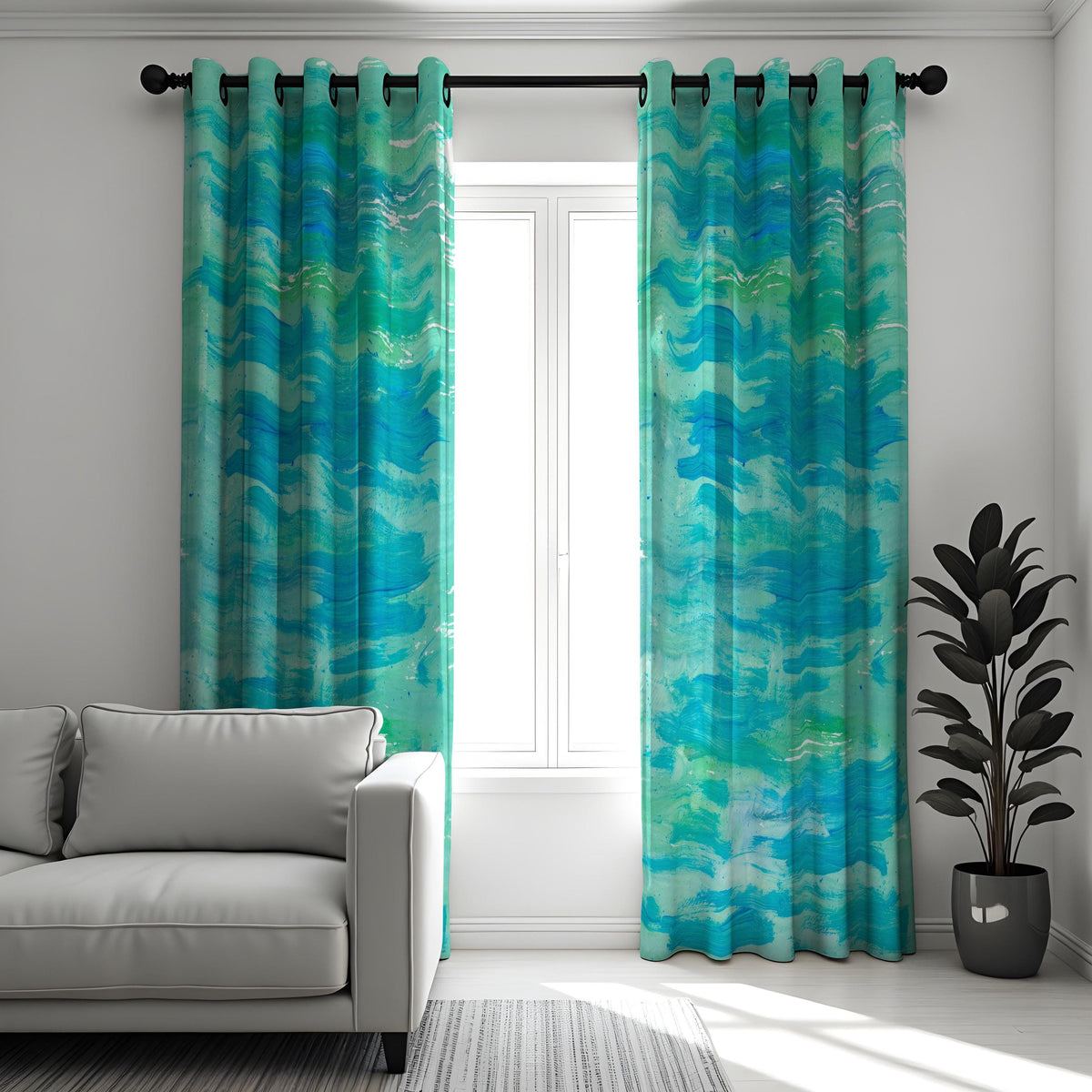 Aqua Blue Ocean Wave Curtains, Watercolor Coastal Drapes