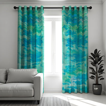 Aqua Blue Ocean Wave Curtains, Watercolor Coastal Drapes