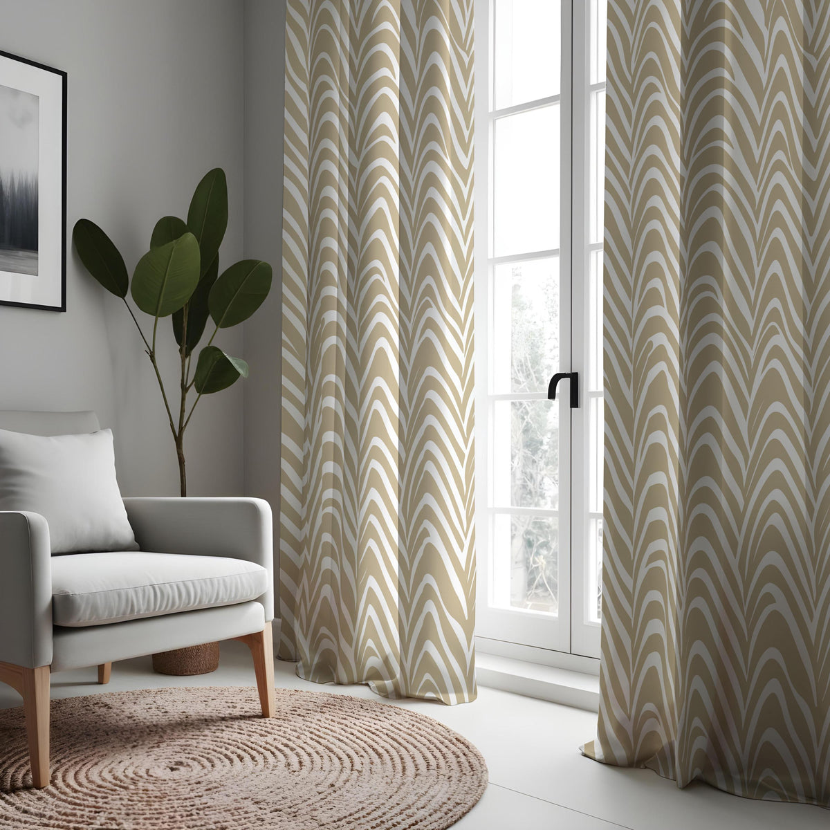 Beige Wave Pattern Curtains, Neutral Minimalist Drapes