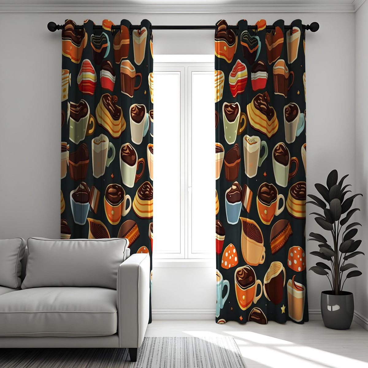 Coffee and Dessert Kitchen Curtains, Cafe Pastry Print Drapes