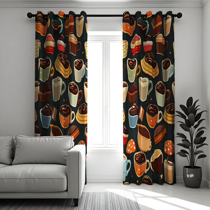 Coffee and Dessert Kitchen Curtains, Cafe Pastry Print Drapes