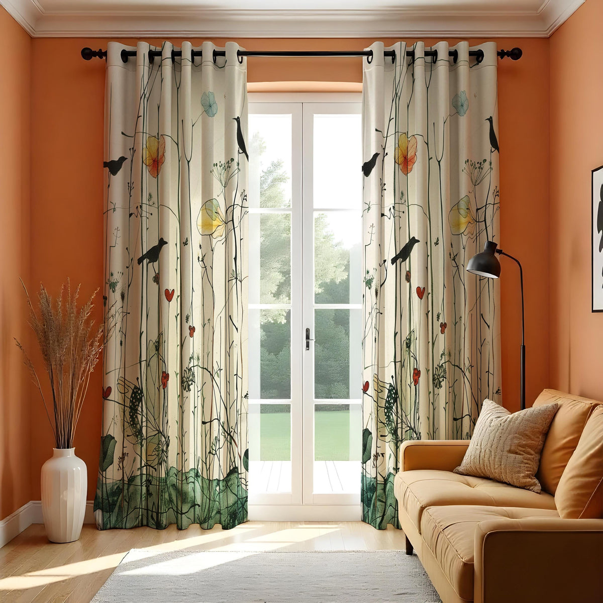 Bird and Flower Curtains, Botanical Art Print Window Drapes
