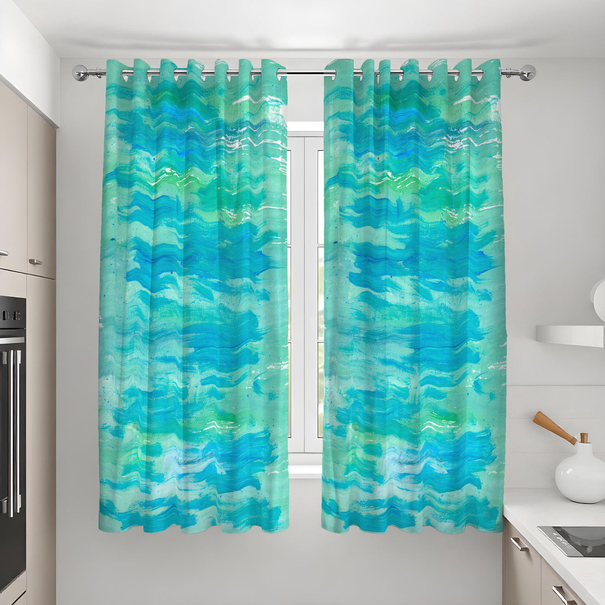 Aqua Blue Ocean Wave Curtains, Watercolor Coastal Drapes