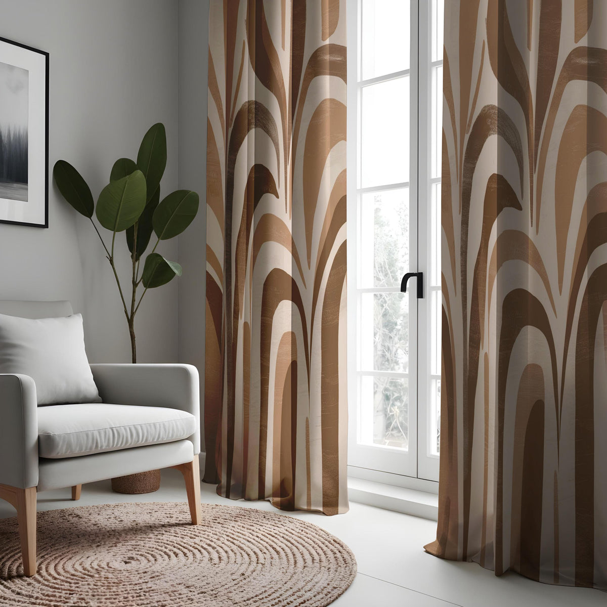 Brown Retro Wave Stripe Curtains, Boho Arch Pattern Drapes