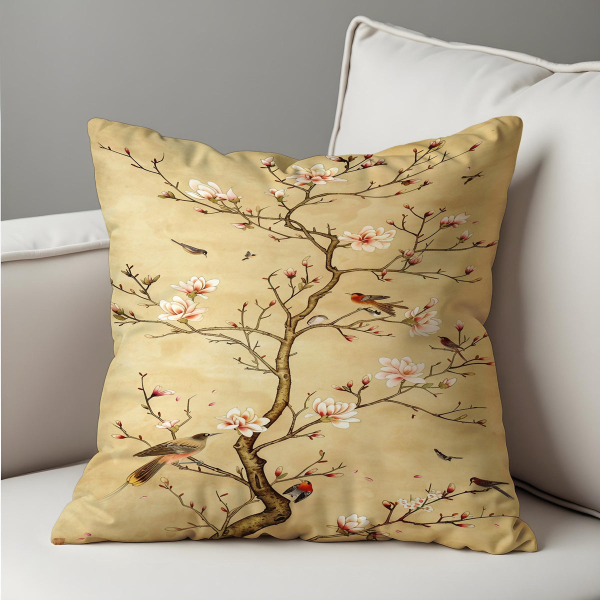 Blossom Bird Cushion Cover, Oriental Floral Pillow Case