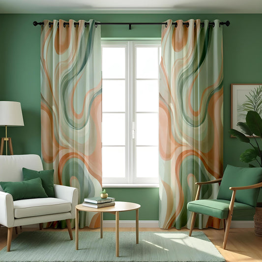 Sage & Terracotta Wavy Stripe Curtains, Retro Mid Century