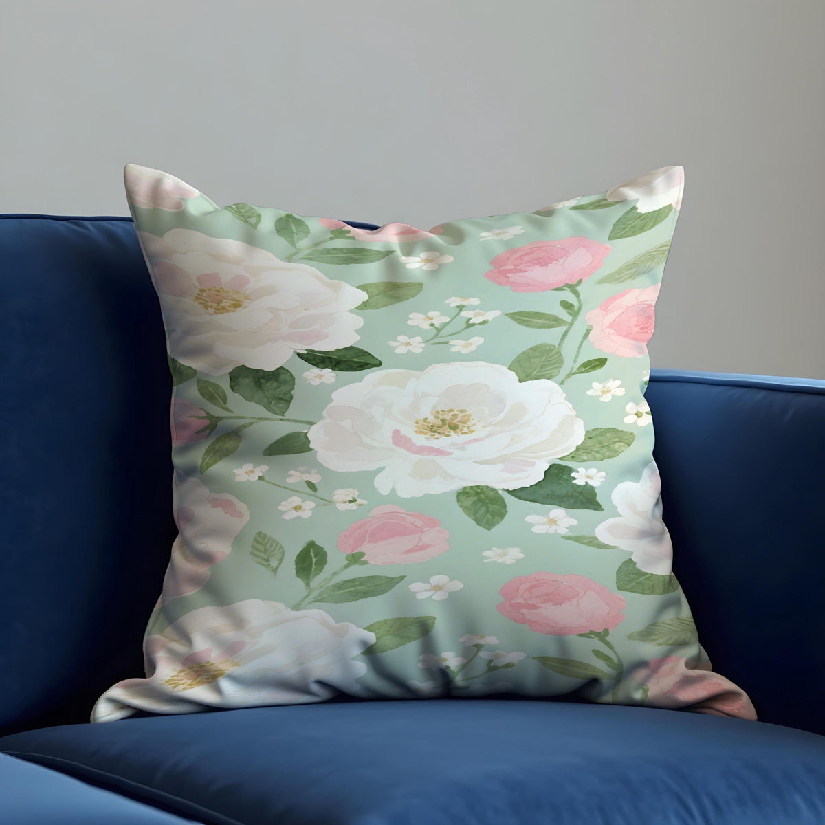 Watercolour Rose Cushion Cover, Sage Green Pillow Case