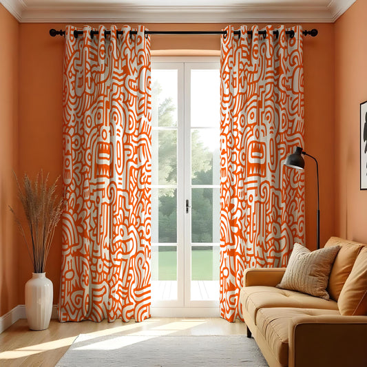 Orange Abstract Line Art Curtains, Made to Measure Drapes