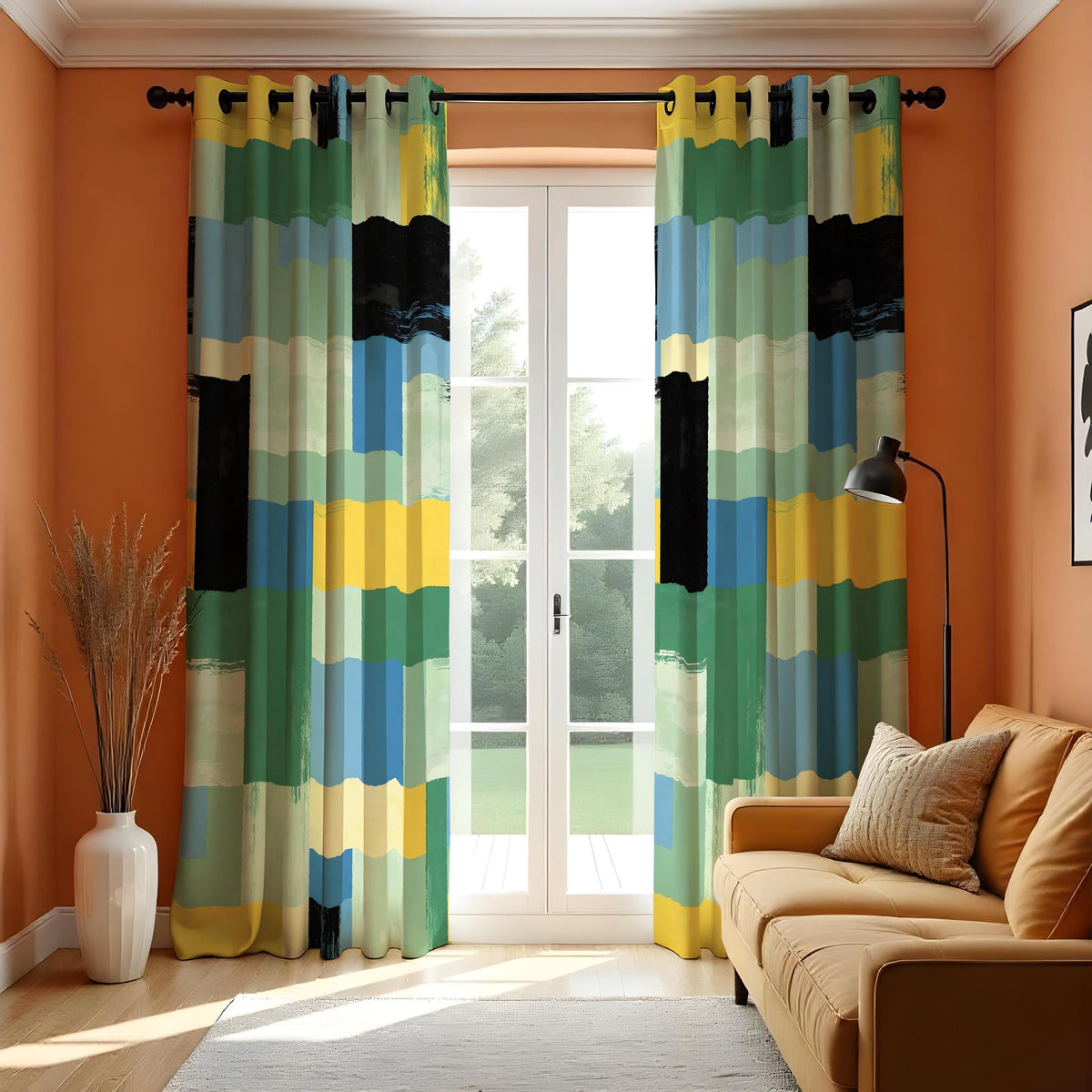 Green Blue Yellow Geometric Curtains, Abstract Window Drapes