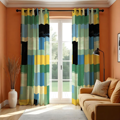 Green Blue Yellow Geometric Curtains, Abstract Window Drapes