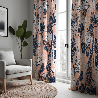 Blush Pink Tropical Curtains, Navy Leaf & Leopard Drapes