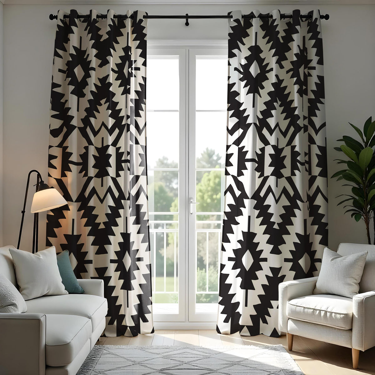 Black and White Aztec Curtains, Monochrome Geometric Drapes