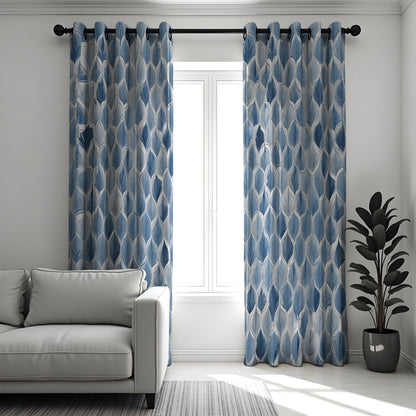 Blue Geometric Leaf Curtains, Modern Pattern Window Drapes