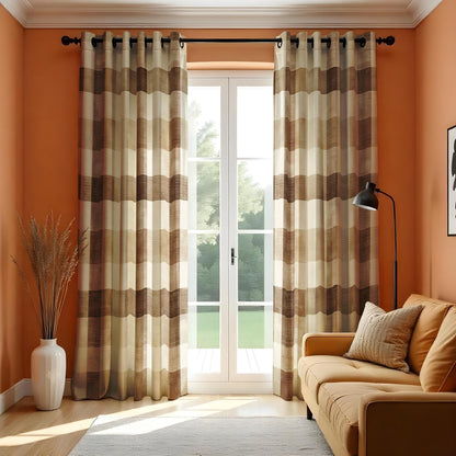 Brown Check Plaid Curtains, Rustic Farmhouse Window Drapes