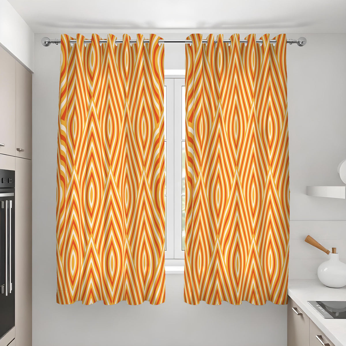 Orange Retro Geometric Curtains, Mid Century Custom Drapes
