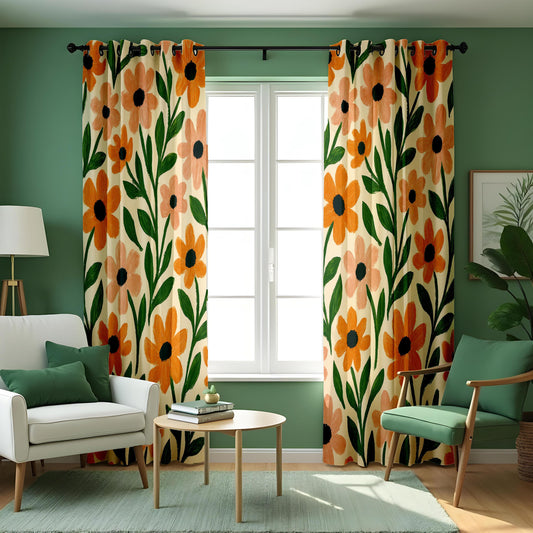 Orange Retro Floral Curtains, Mid Century Botanical Drapes