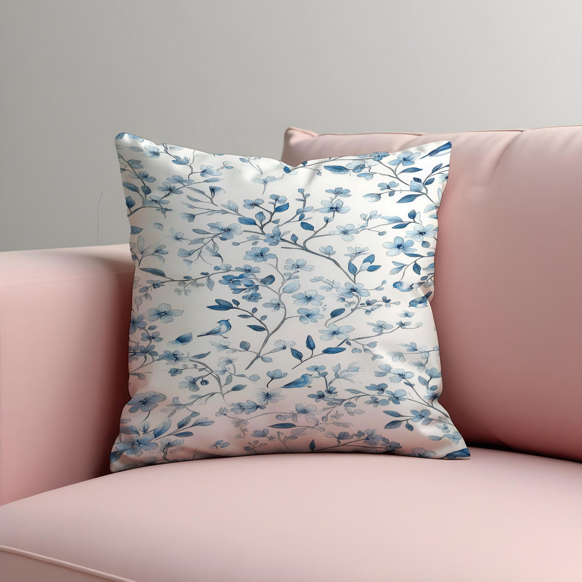 Blue Bird Floral Cushion Cover, Botanical Pillow Case