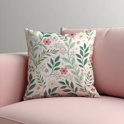 Floral Cushion Cover, Delicate Green Leaves & Pink Flowers Pillow Case