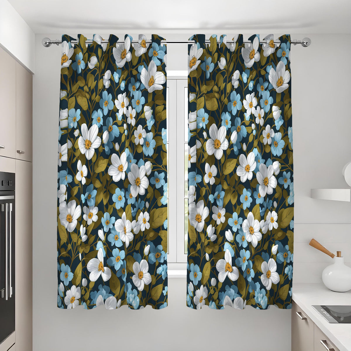 Dark Floral Curtains, White & Blue Flower Farmhouse Drapes