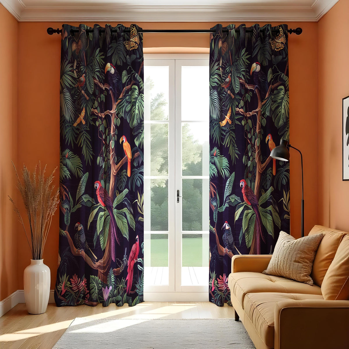 Tropical Parrot Curtains, Dark Jungle Bird & Leaf Drapes