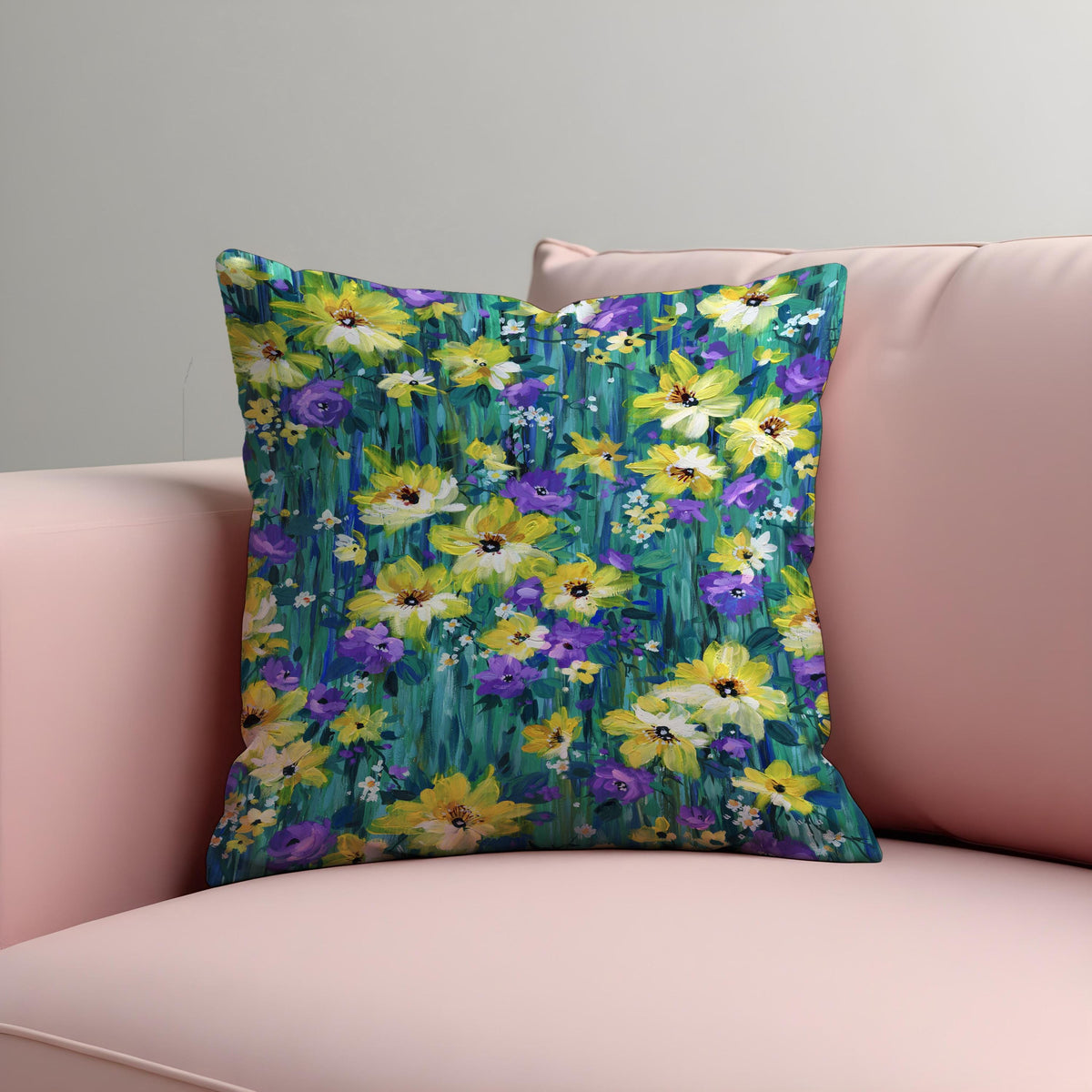 Yellow Blue Floral Cushion Cover, Botanical Pillow Case