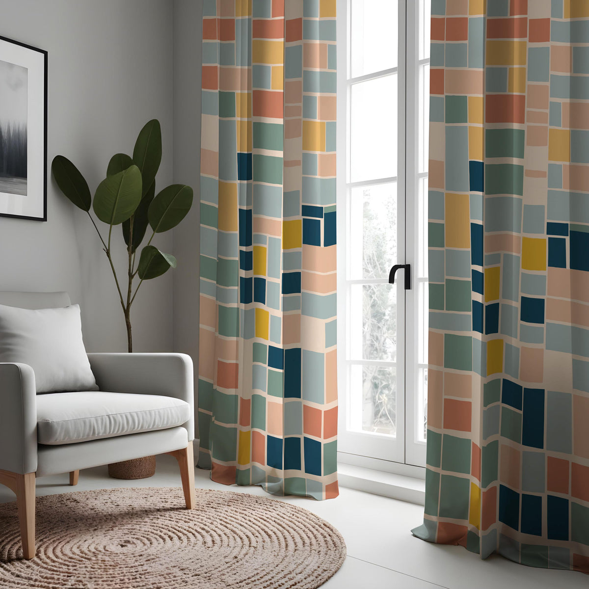 Multicolor Color Block Curtains, Retro Geometric Drapes
