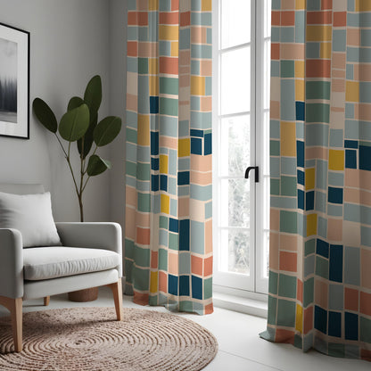 Multicolor Color Block Curtains, Retro Geometric Drapes