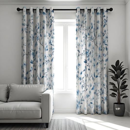Blue Floral Curtains, White Botanical Country Style Drapes