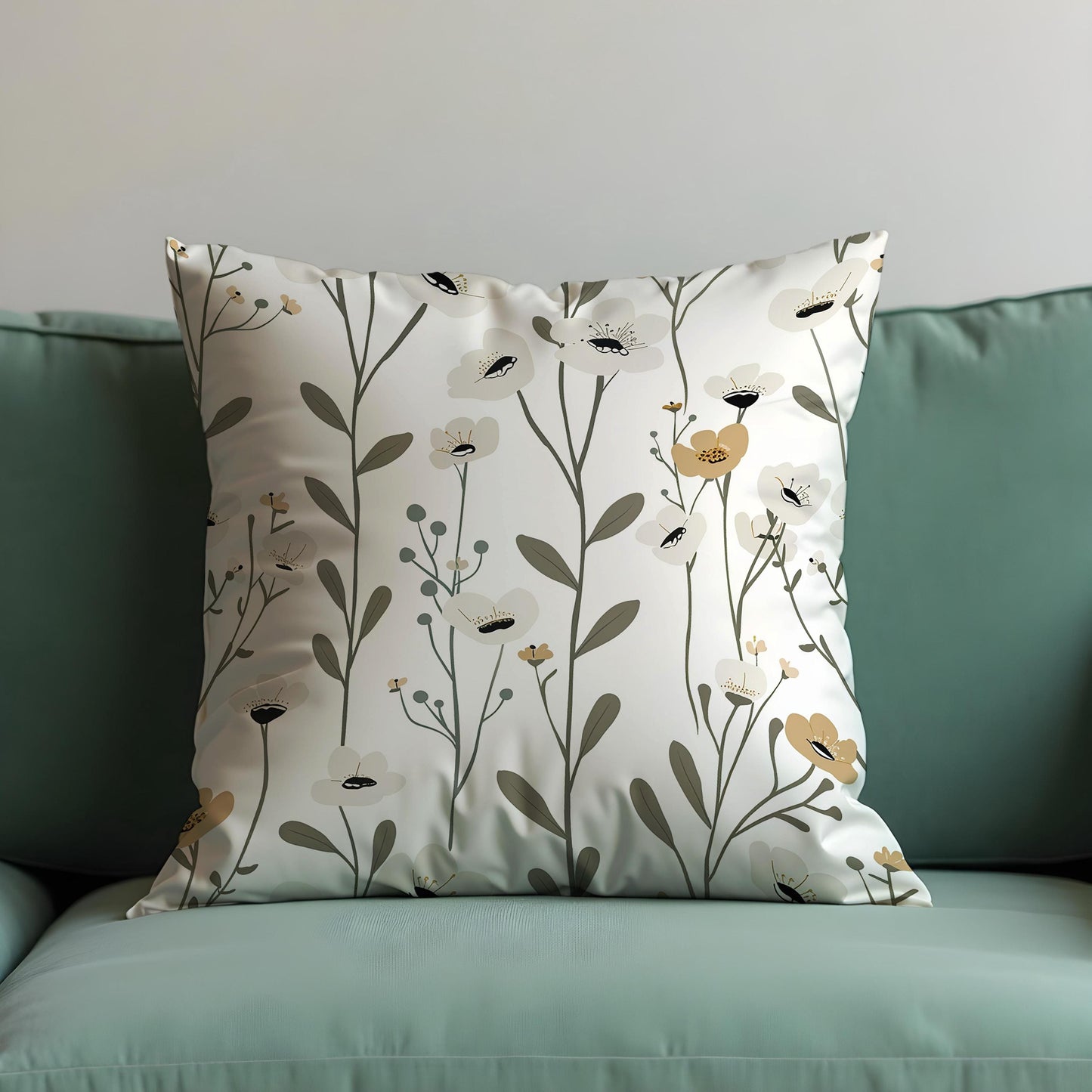 Minimalist Floral Cushion Cover, White & Beige Wildflower Pillow Case